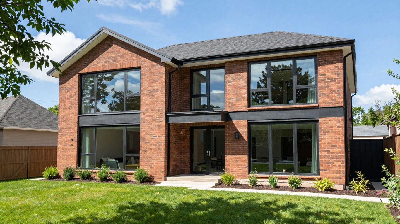 Modern home addition with large windows and green backyard.