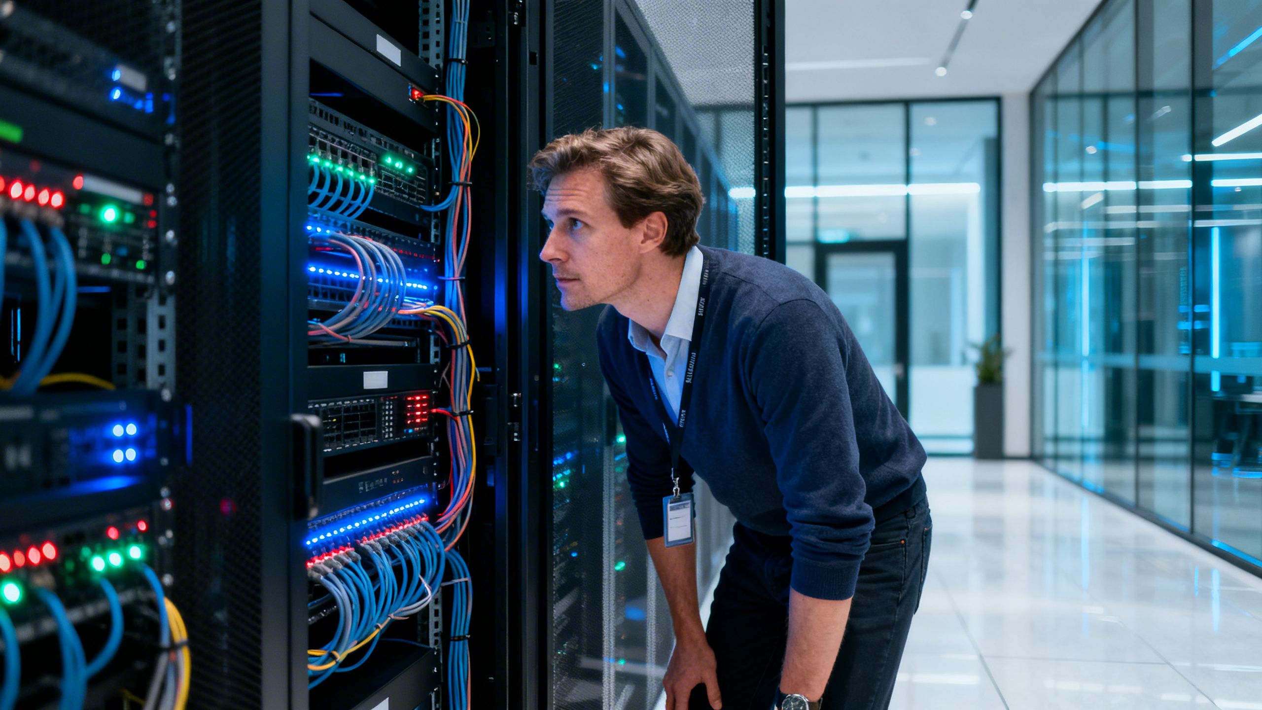 Security technician examining server rack in luxury building.
