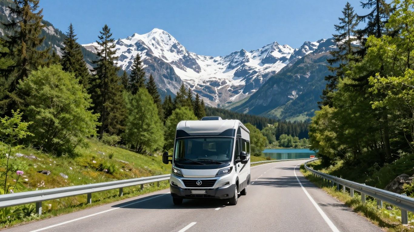 Motorhome on Alaska Highway with mountains.