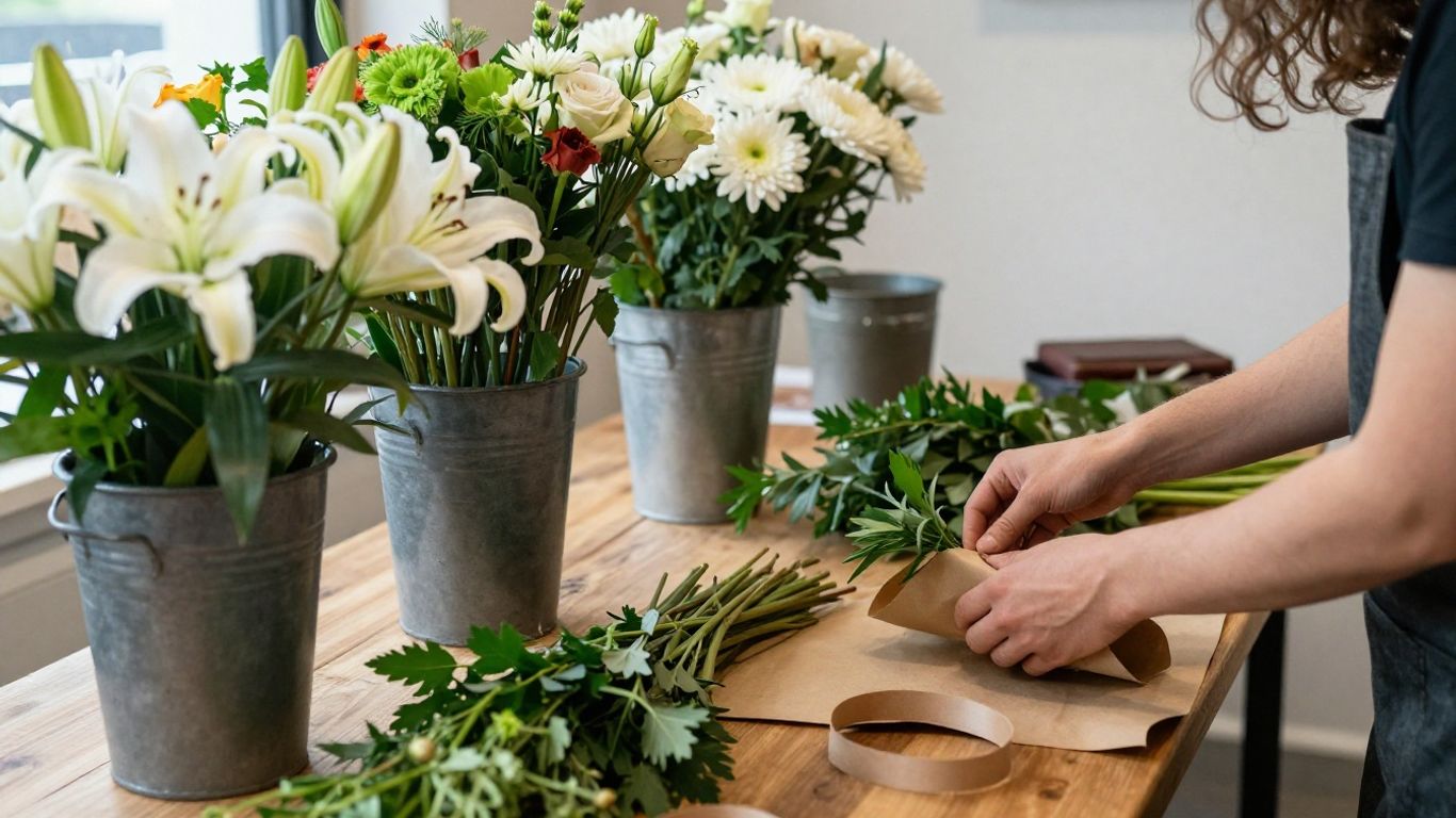 Florist preparing fresh flowers for local delivery