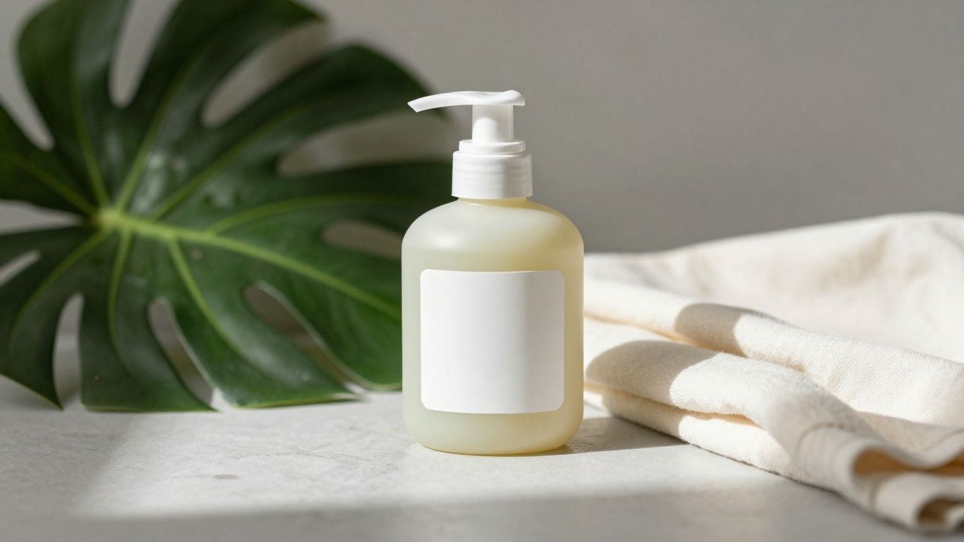 Minimal lubricant bottle with green botanical leaves