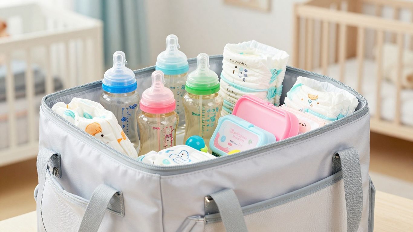 Organized diaper bag with pouches and baby essentials.