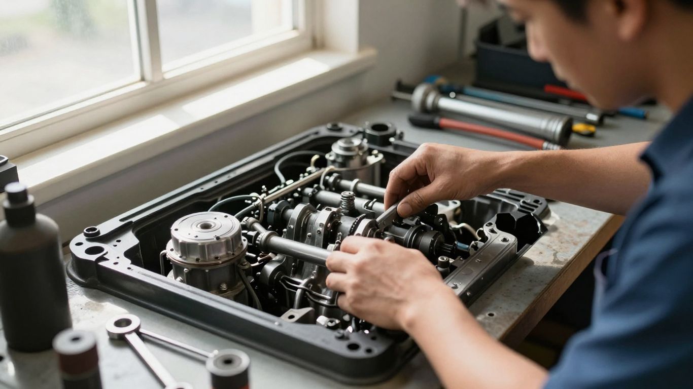 Mechanic installing a car engine in a workshop.