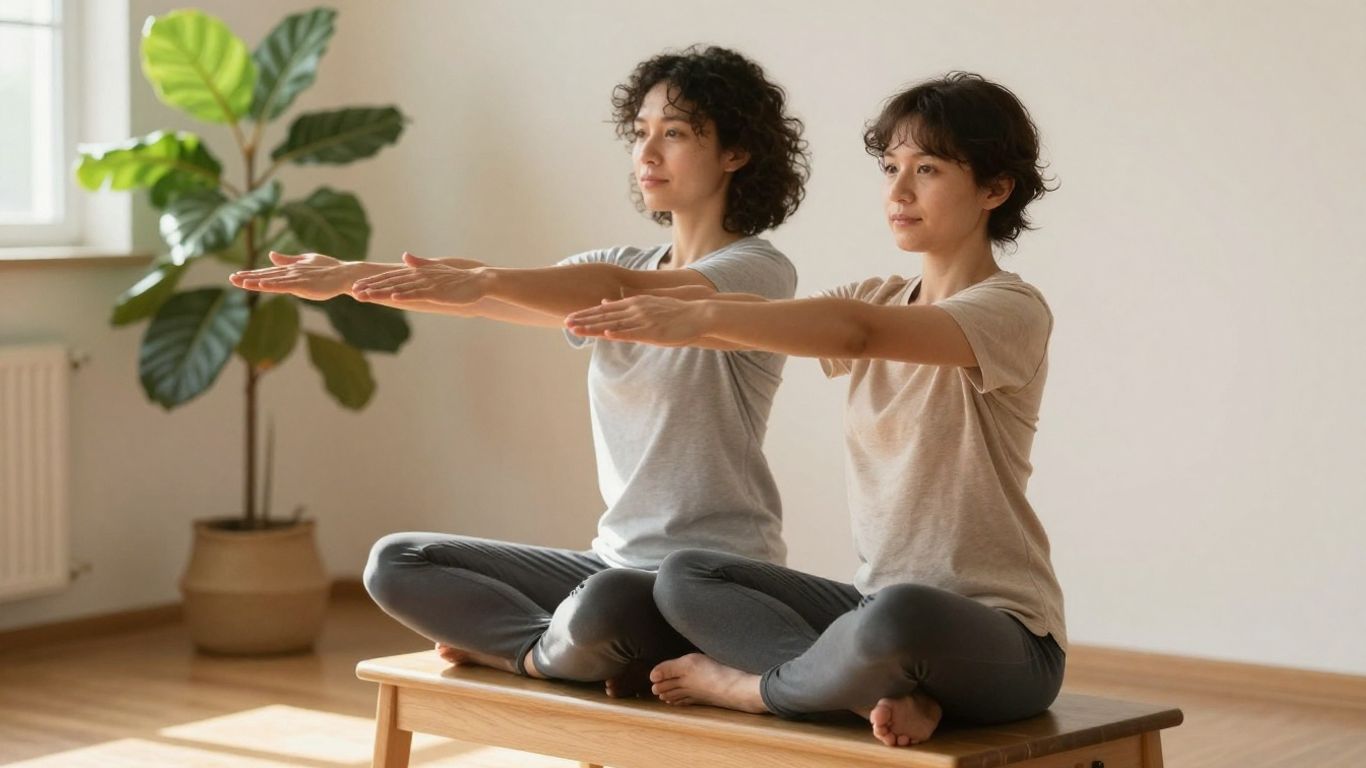 Beginner practicing seated yoga poses at home