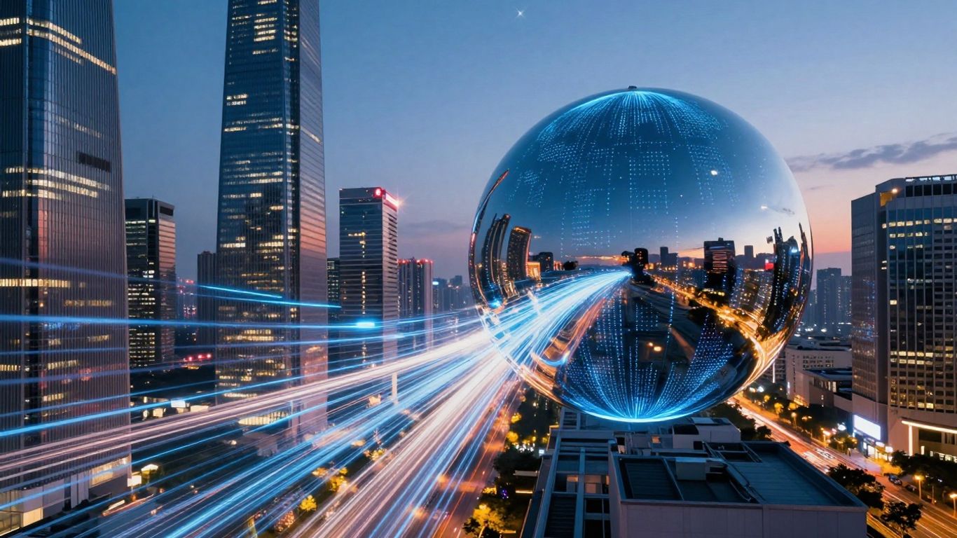 Futuristic cityscape with glowing digital streams and hovering orb.
