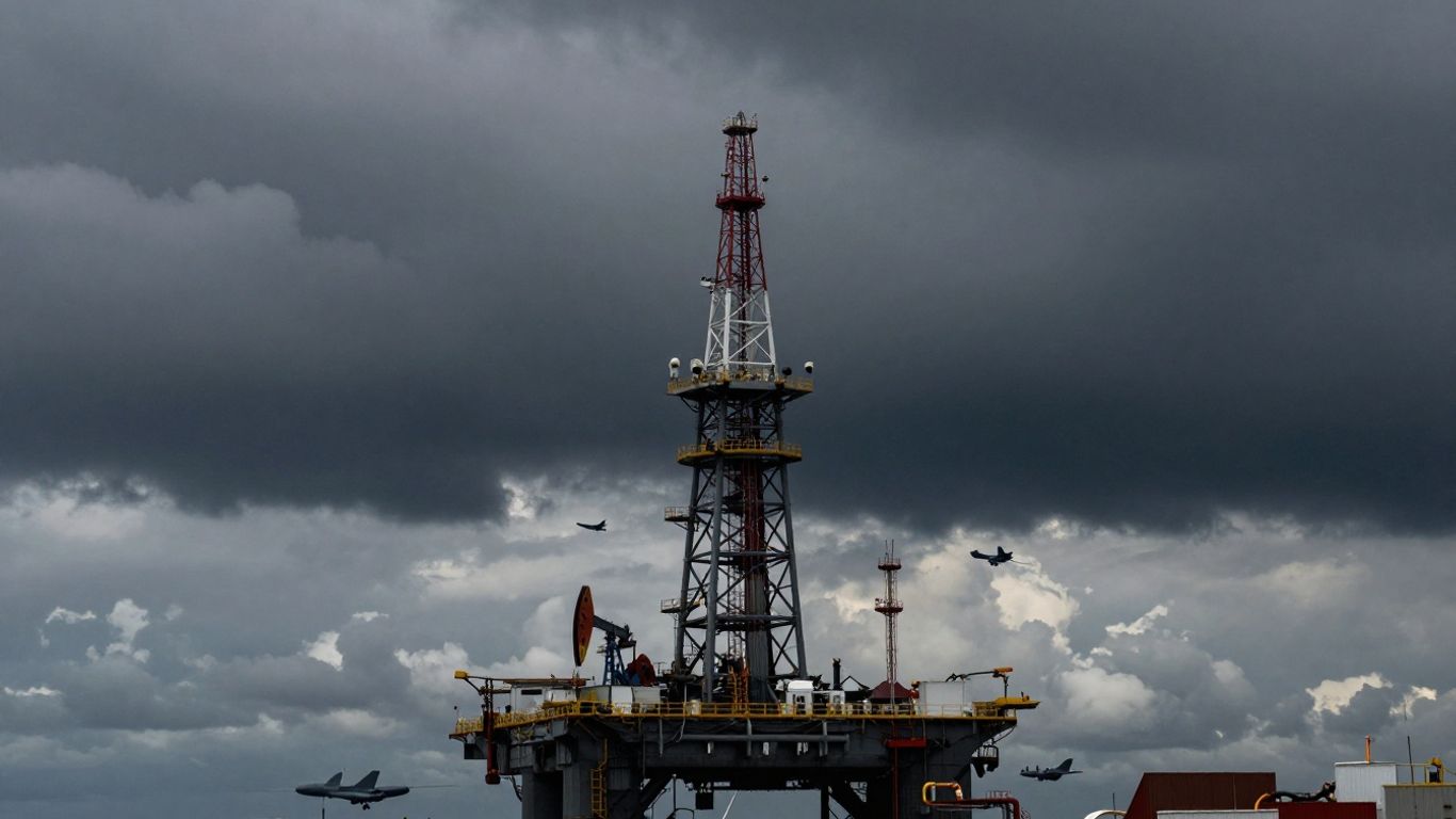 Oil rig under stormy skies with distant aircraft.