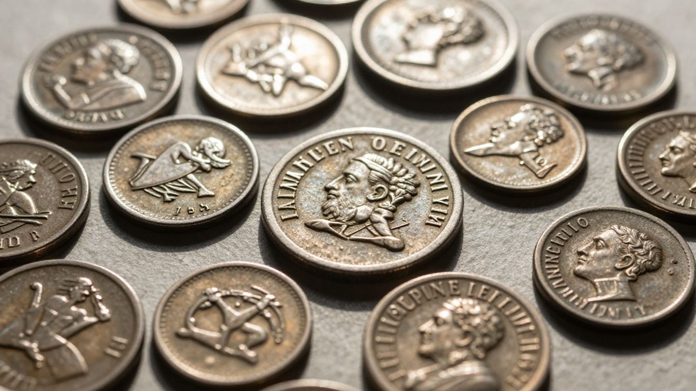 Collection of ancient coins with visible details.