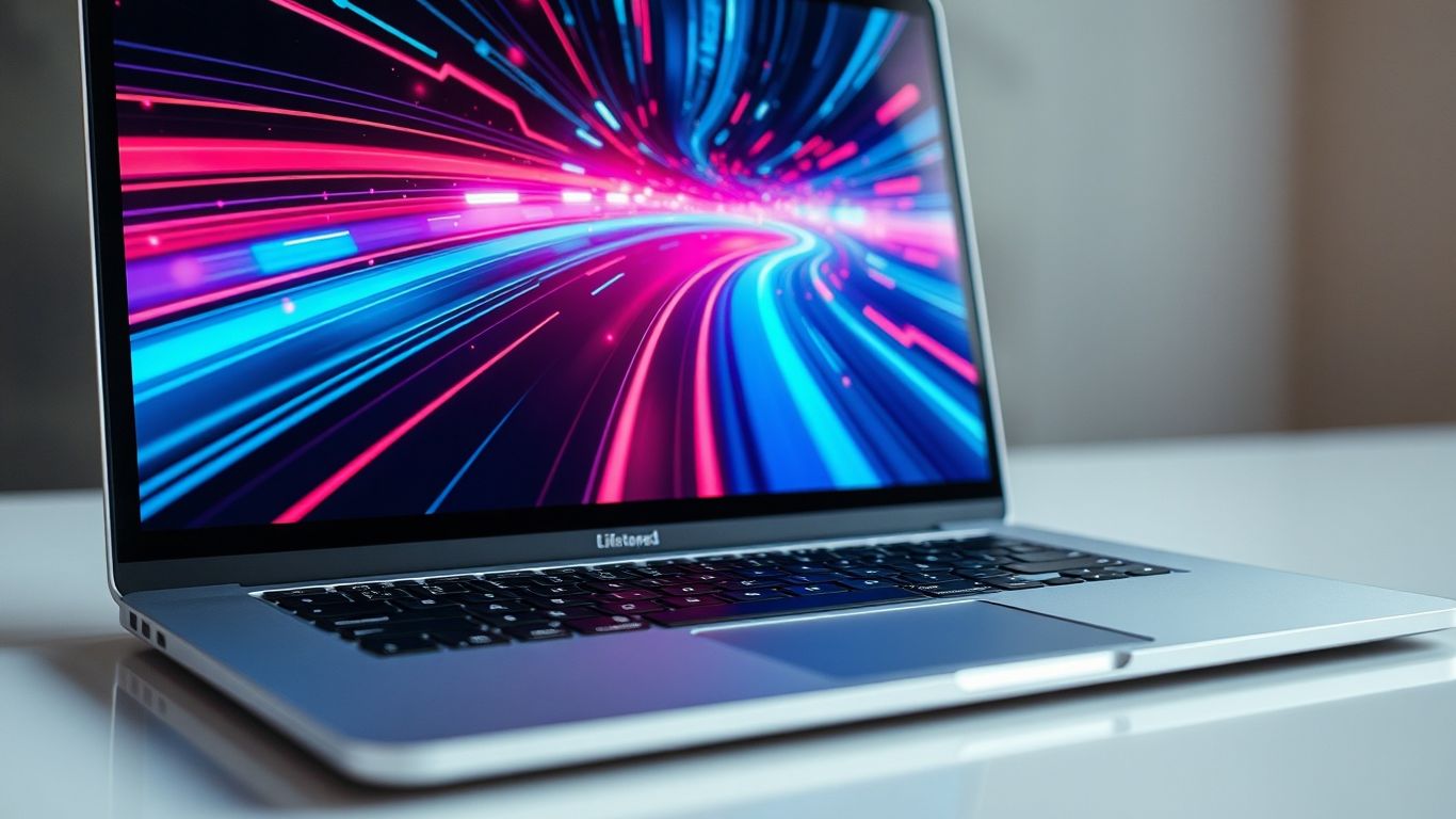 Laptop screen with speed lines and data streams.