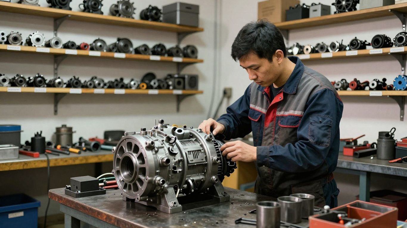 Technician inspecting gearbox in local workshop