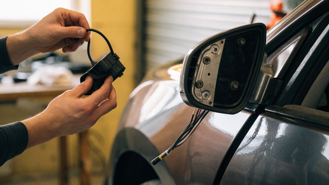 Technician inspecting a detached side mirror assembly