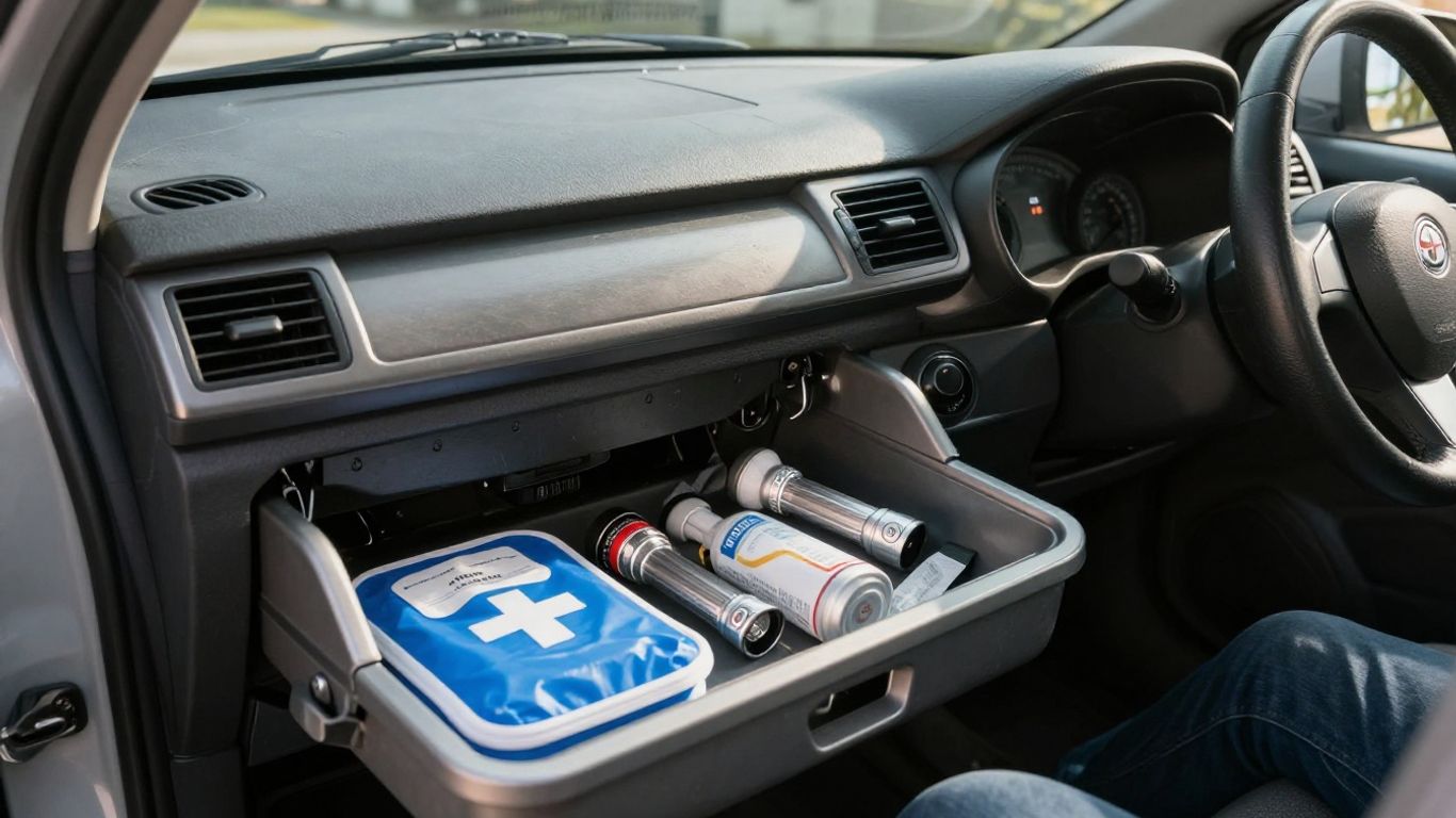 Car glove box with emergency kit, ready for commute.