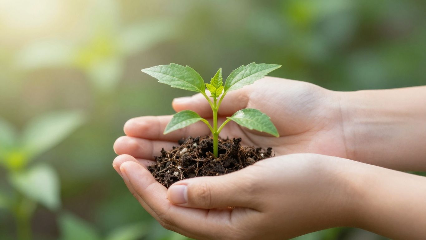 Hands nurturing a small green seedling, symbolizing growth and recovery.