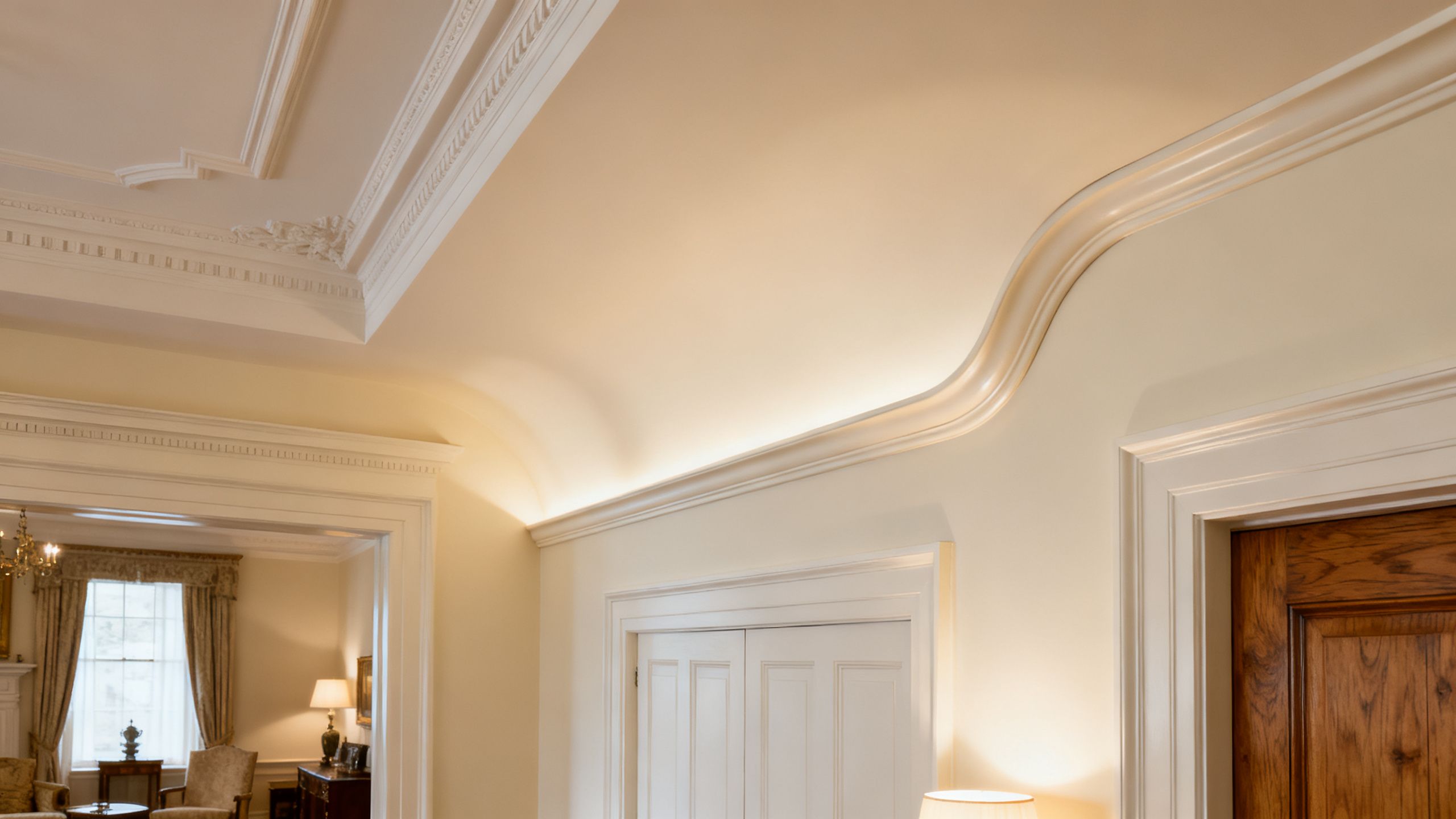Coving fitted neatly along a wall-ceiling junction, concealing the movement joint in a period-style room