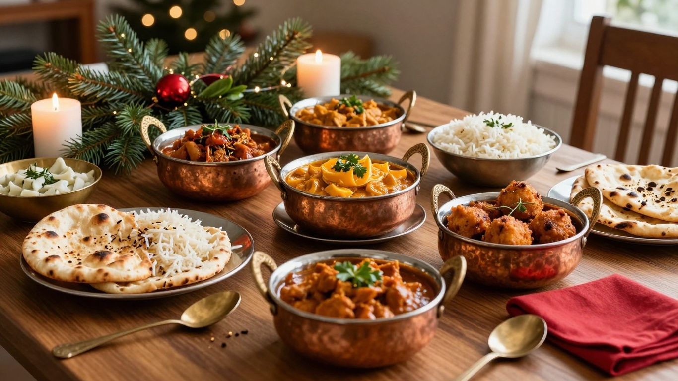 Festive Indian Christmas buffet with colourful dishes