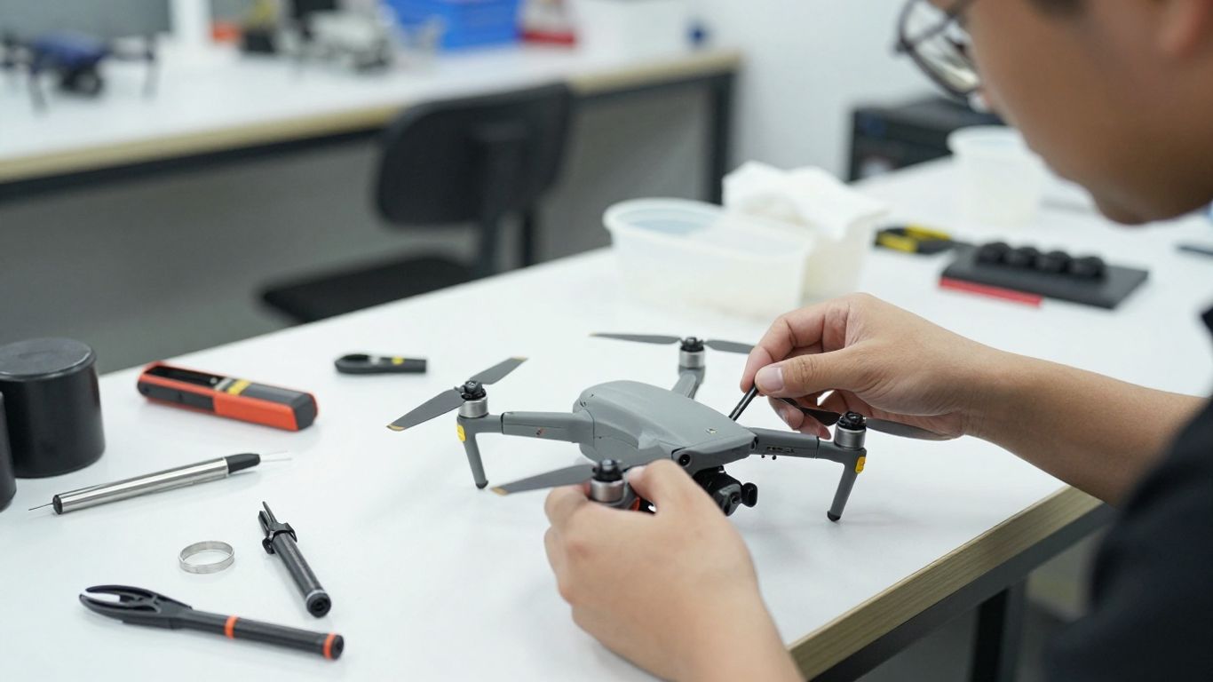 Drone repair technician fixing a damaged drone with tools.