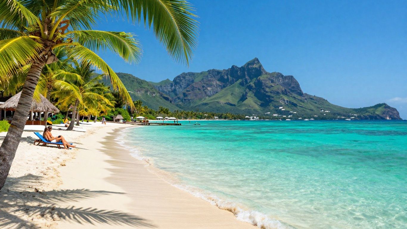 Couple relaxing on a tropical beach with mountains.