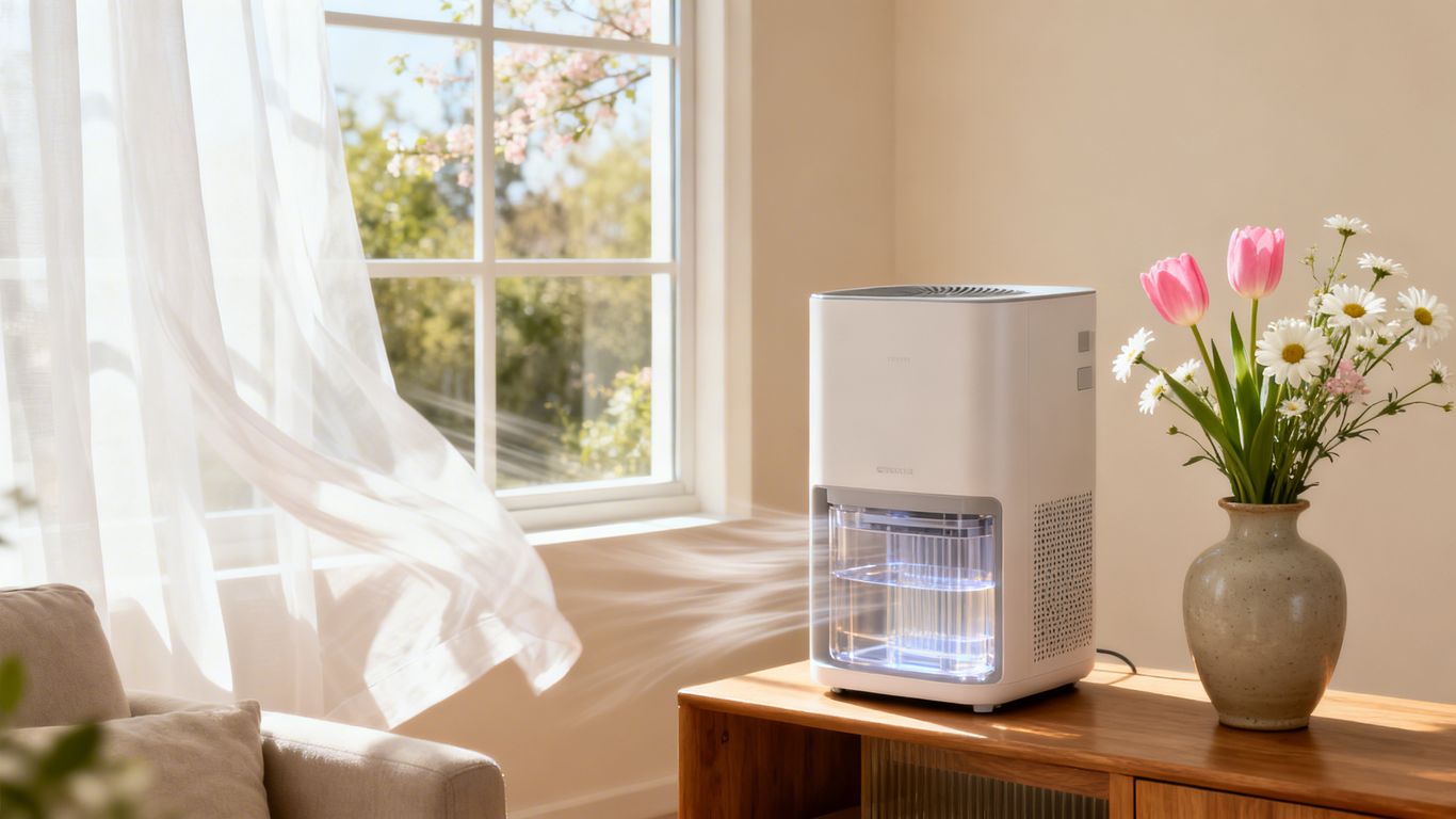 Air purifier with spring flowers in a sunny room.