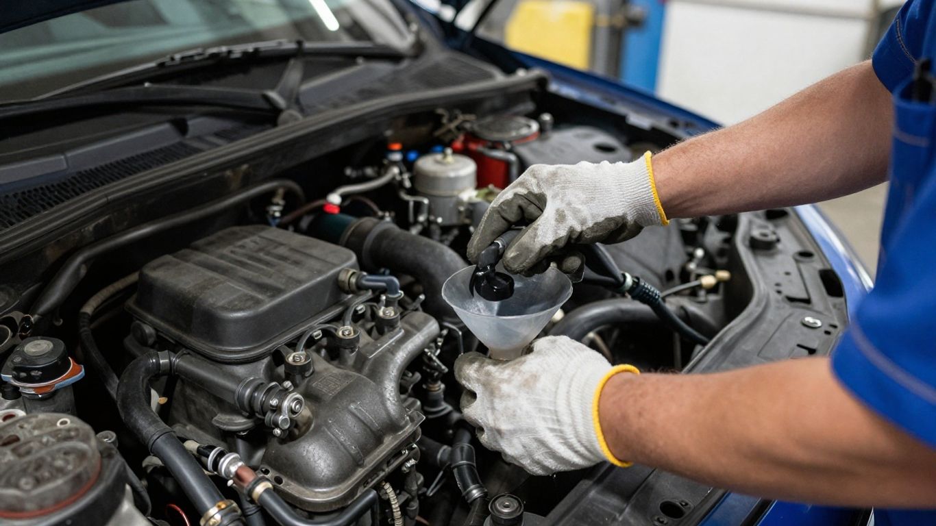 Technician refilling vehicle cooling system