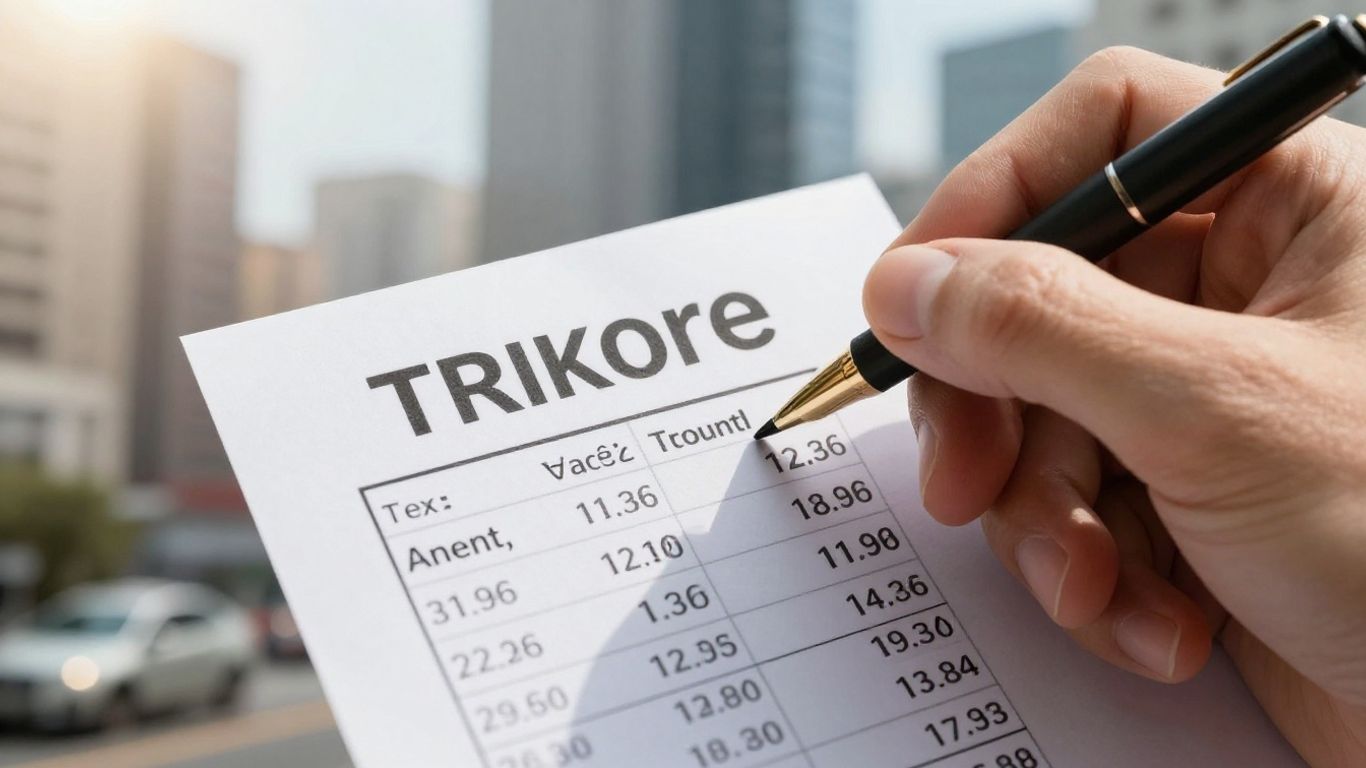 Hand holding stock ticker, financial district background.