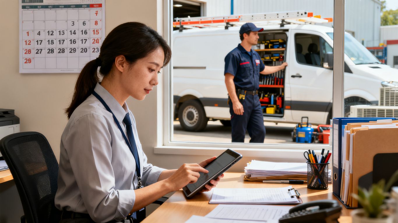 Technician reviewing HVAC dispatch schedule in office