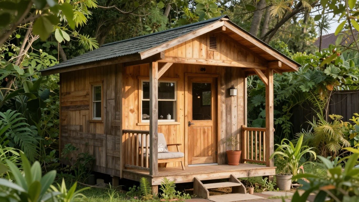 Cozy tiny house with wooden exterior and plants