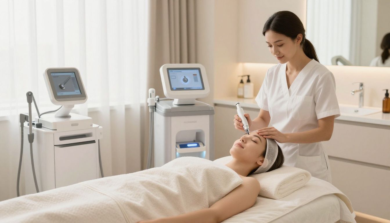 Photorealistic serene skincare treatment room with clean neutral decor, soft towels, professional microneedling equipment, and warm natural light, no people, no text, no logos