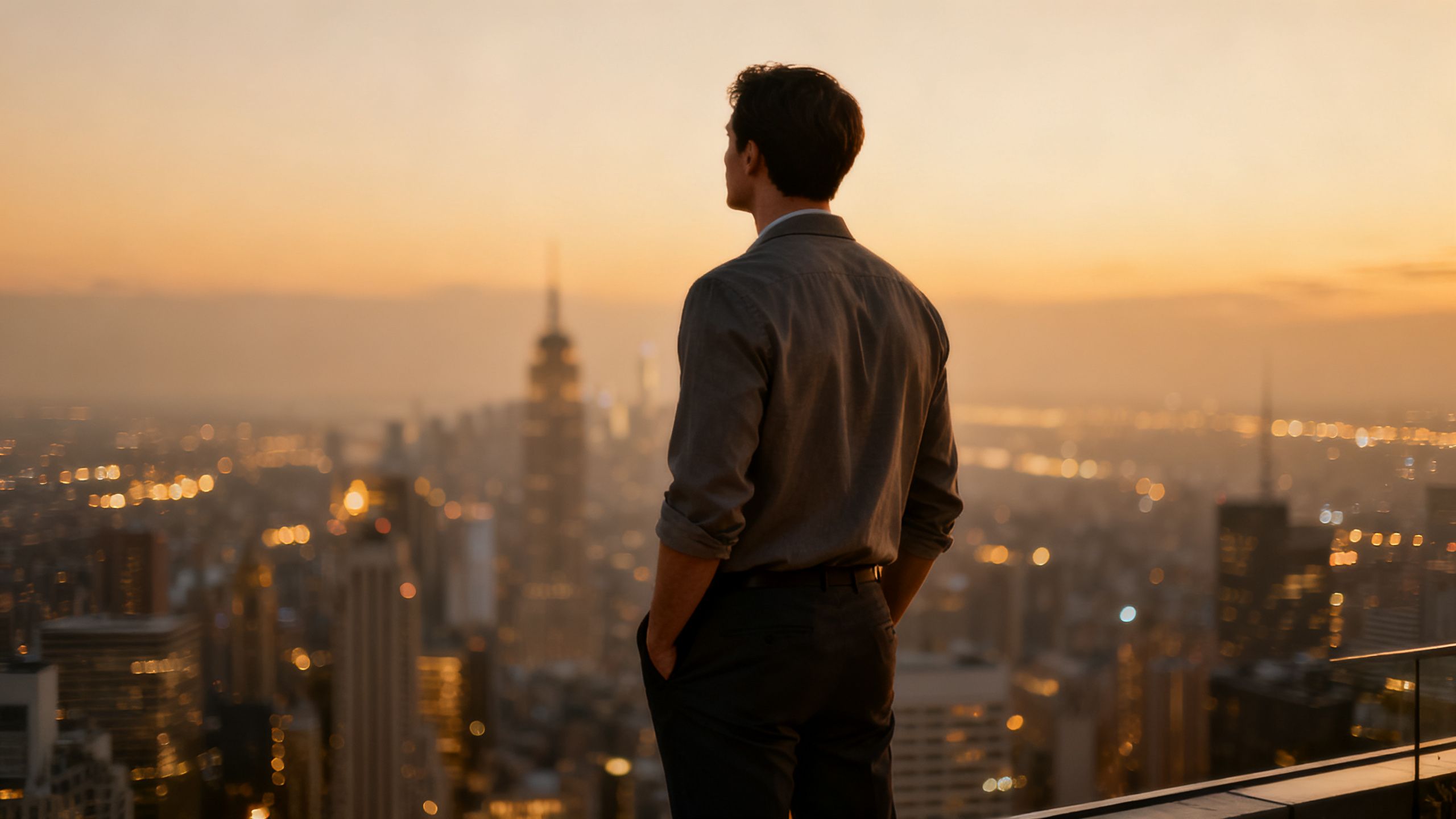Person overlooking a city at dusk, contemplating finances.