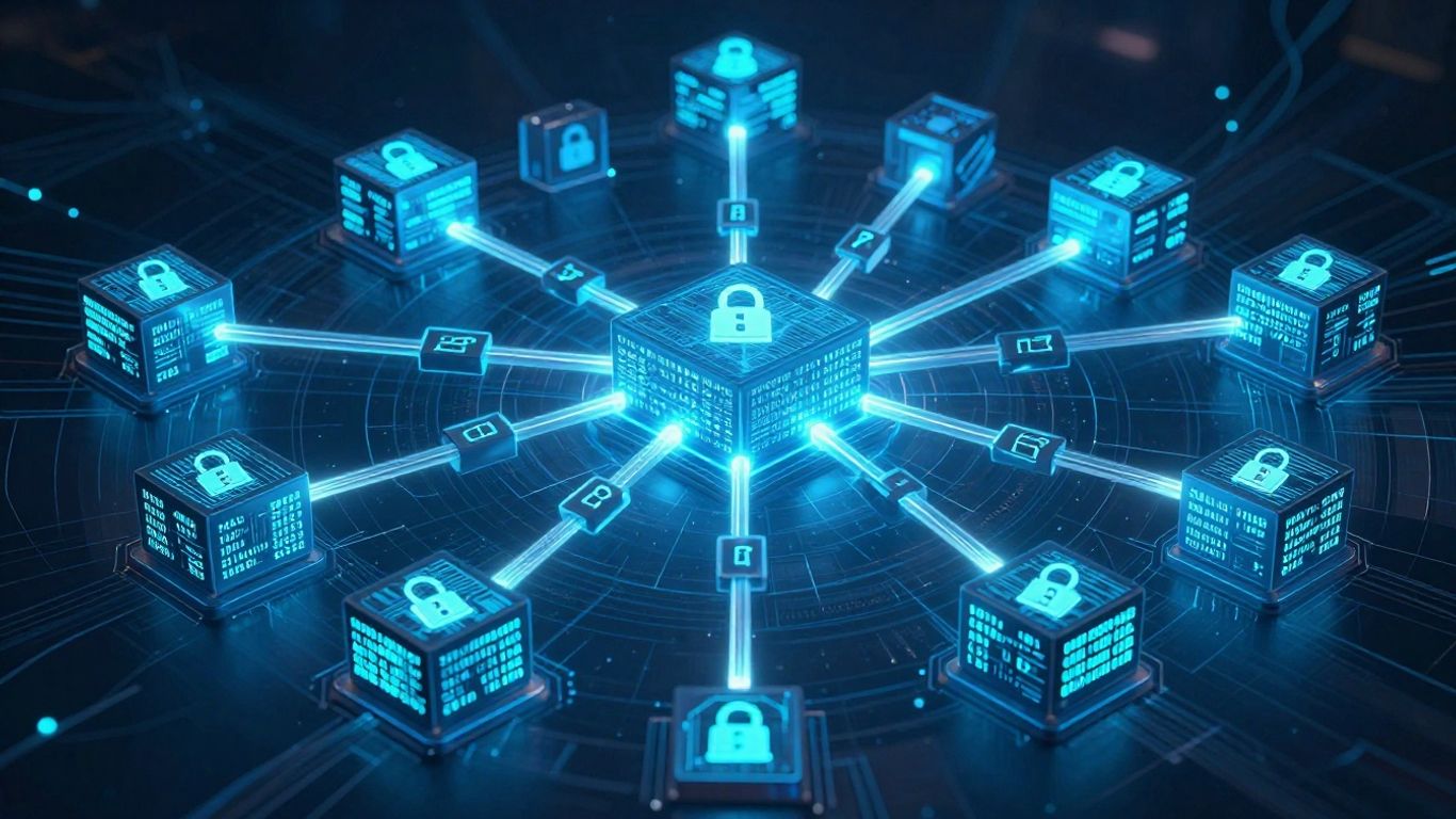 Interconnected glowing digital blocks forming a network.