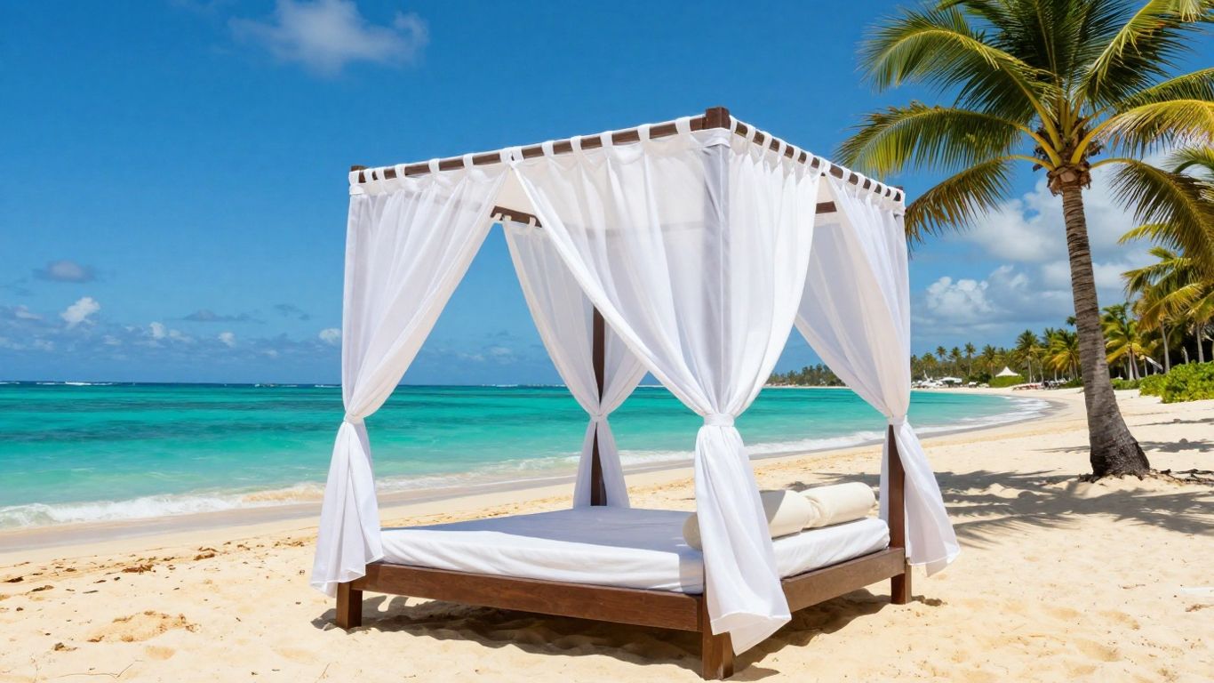 Luxury beach cabanas on white sand