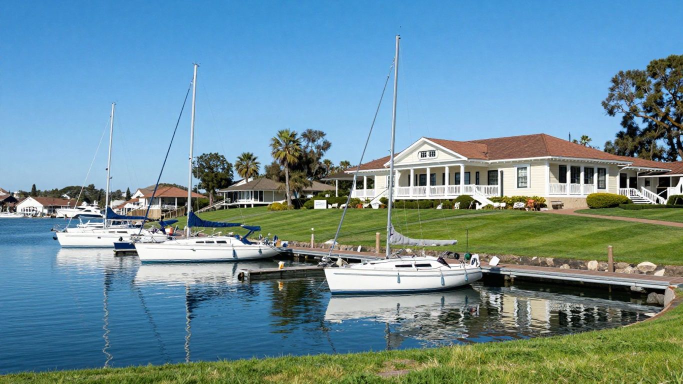 Newport Harbor Yacht Club with sailboats and waterfront views.