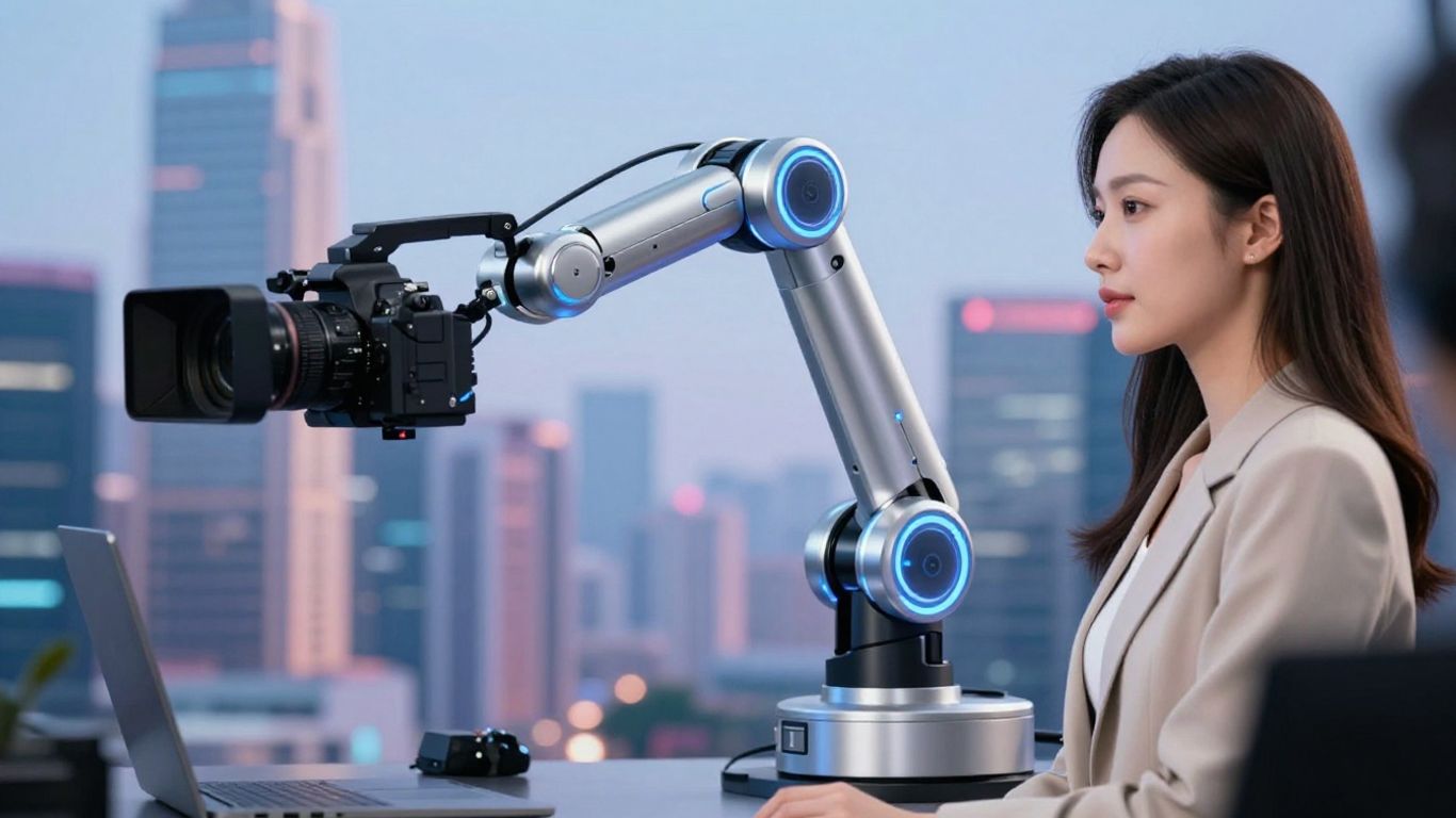 Journaliste utilisant un bras robotique futuriste pour filmer.