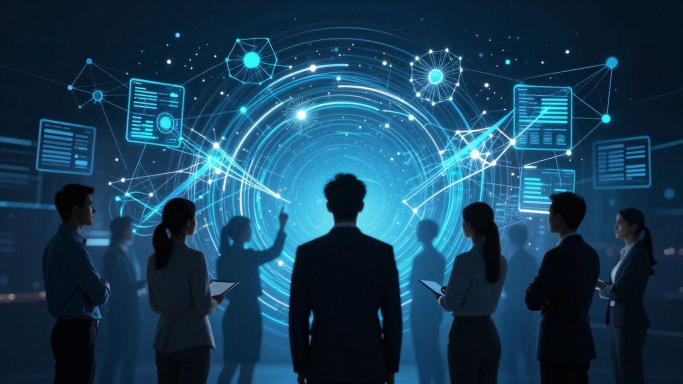 AI talent marketplace with professionals and digital interfaces.