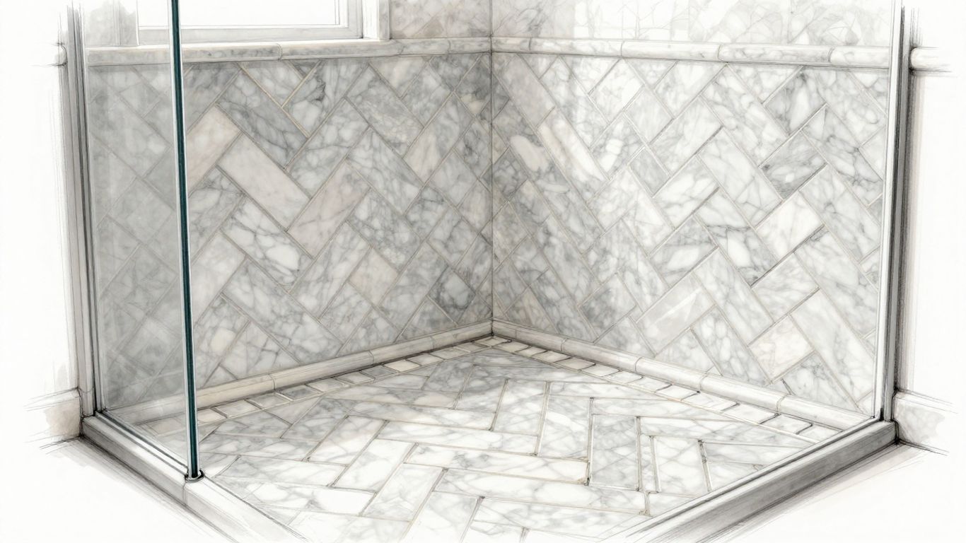 Herringbone marble mosaic in a luxurious bathroom.