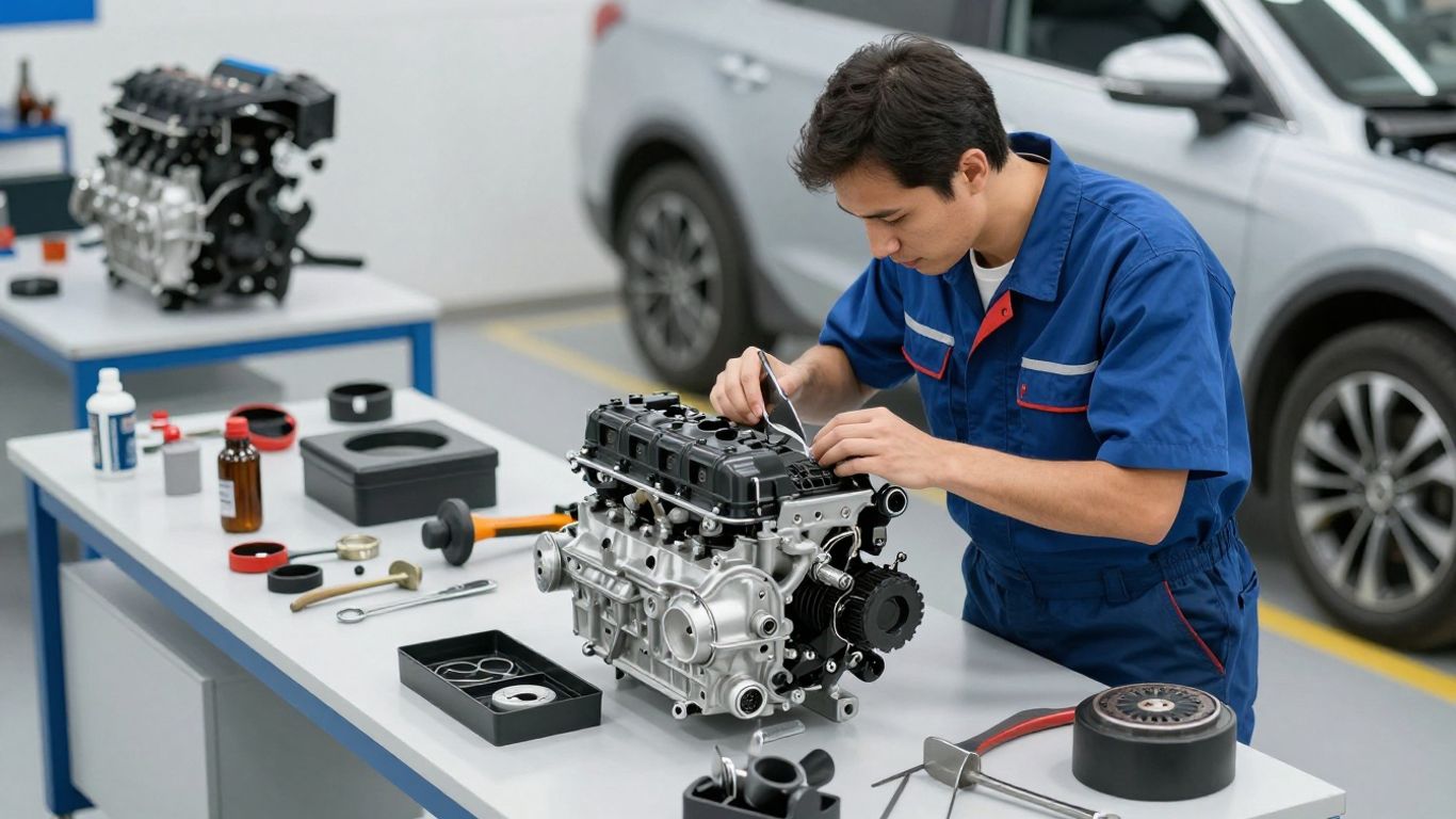 Mechanic inspects an engine for potential warranty compliance
