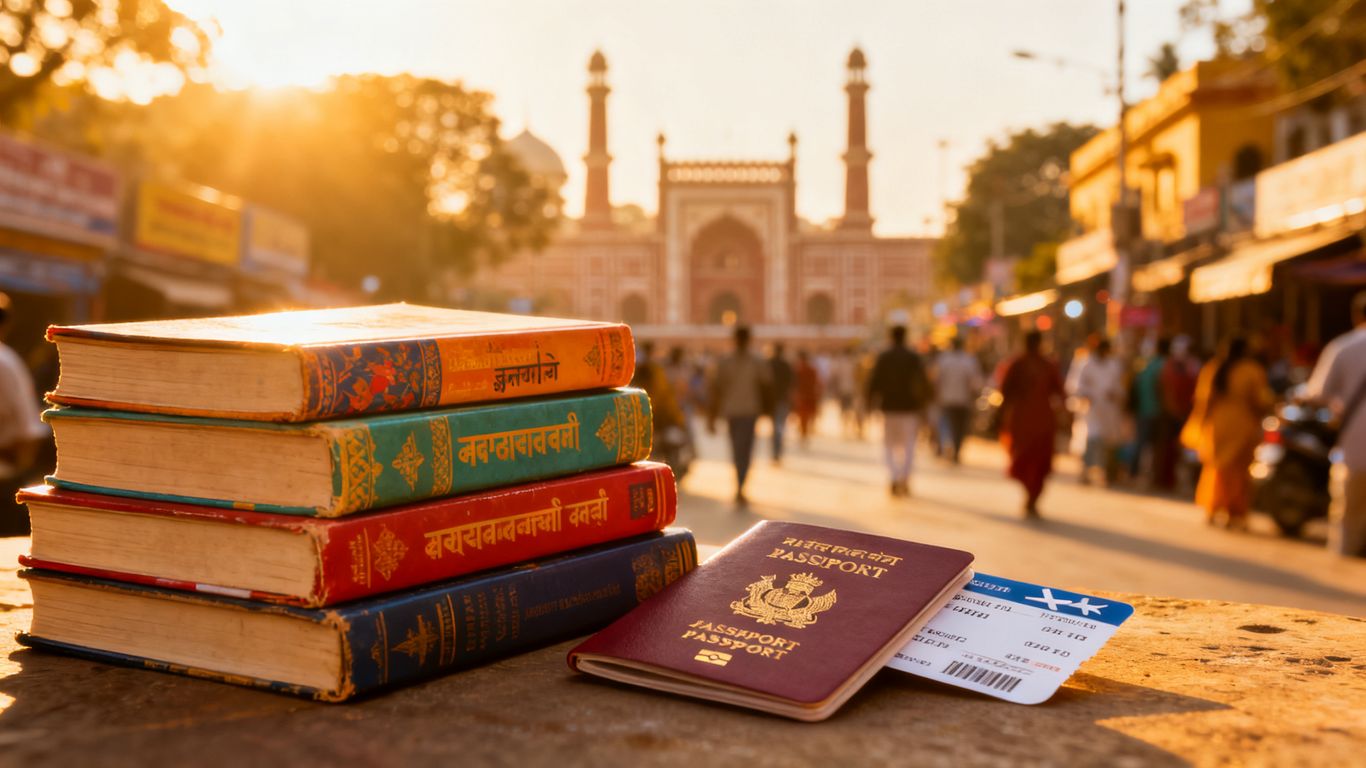 Books and passport ready for a trip to India.