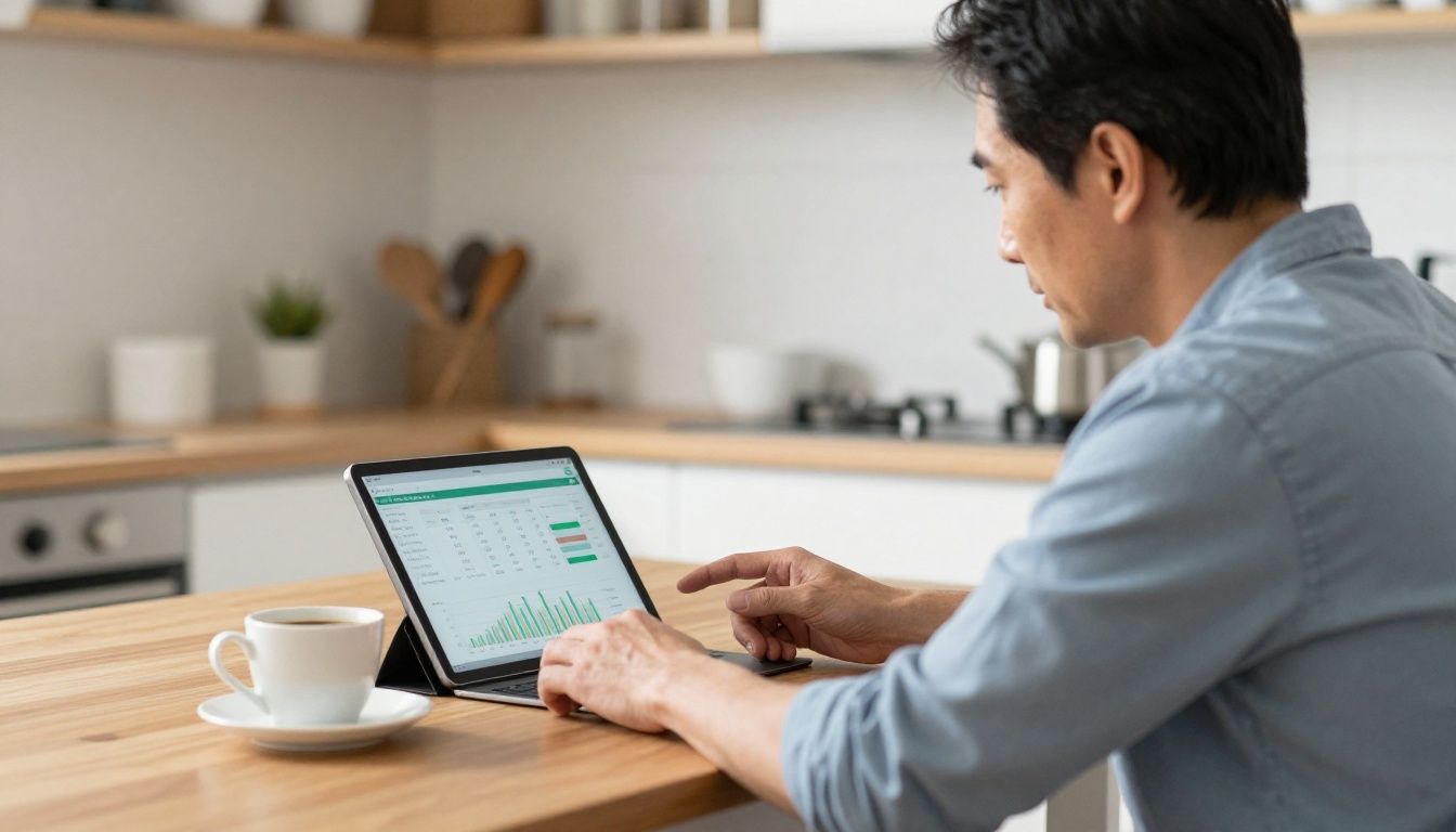A thoughtful man in his 40s sitting at a kitchen table, looking at a tablet displaying health data charts, with a cup of coffee nearby.