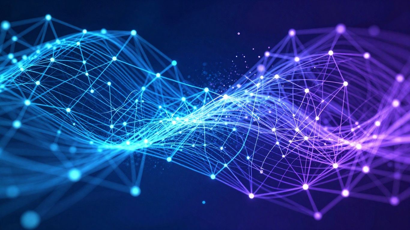 Digital network with glowing lines and nodes.
