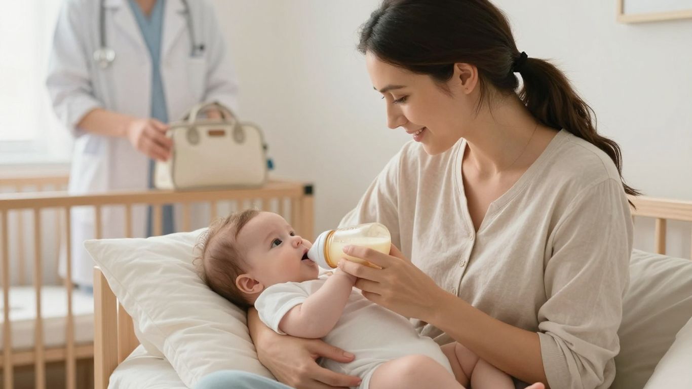 Bebé tomando leche de fórmula con su madre.