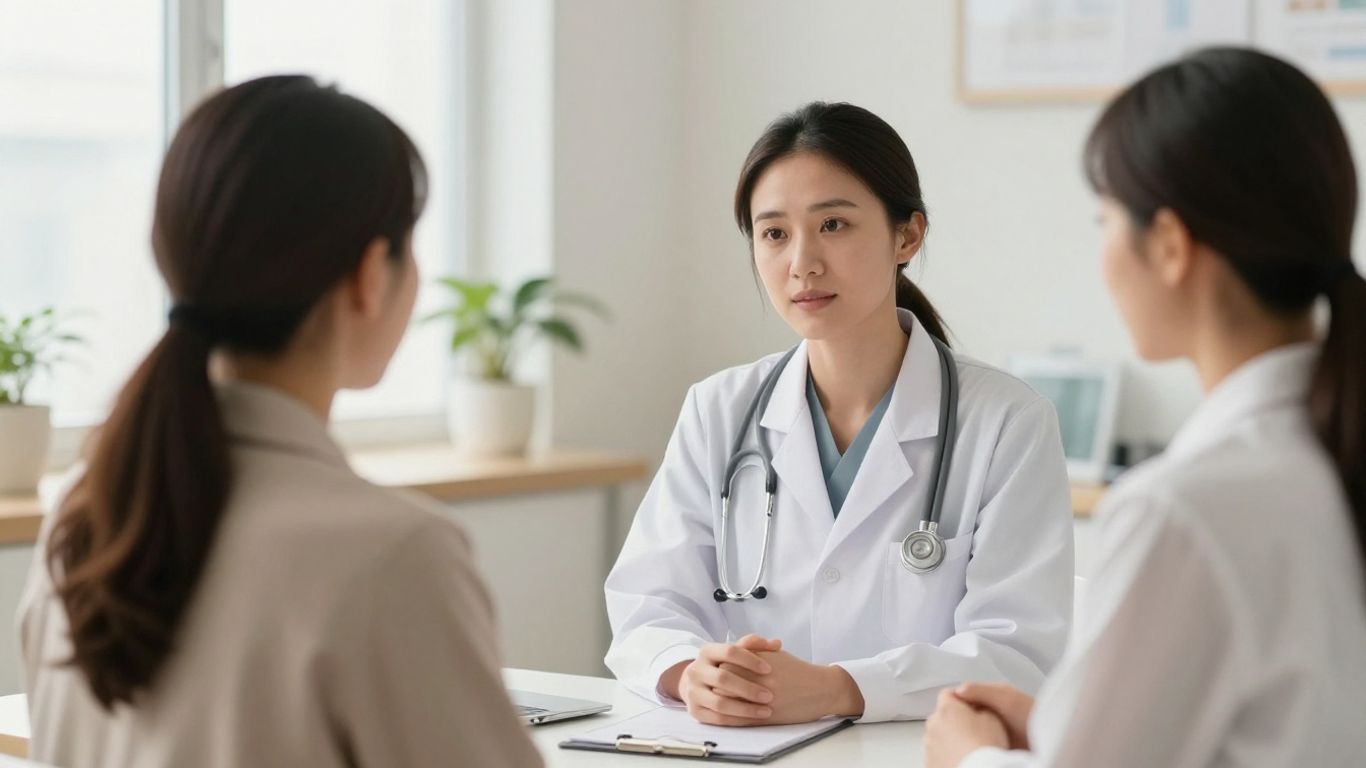Mulher conversando com médica em consultório acolhedor
