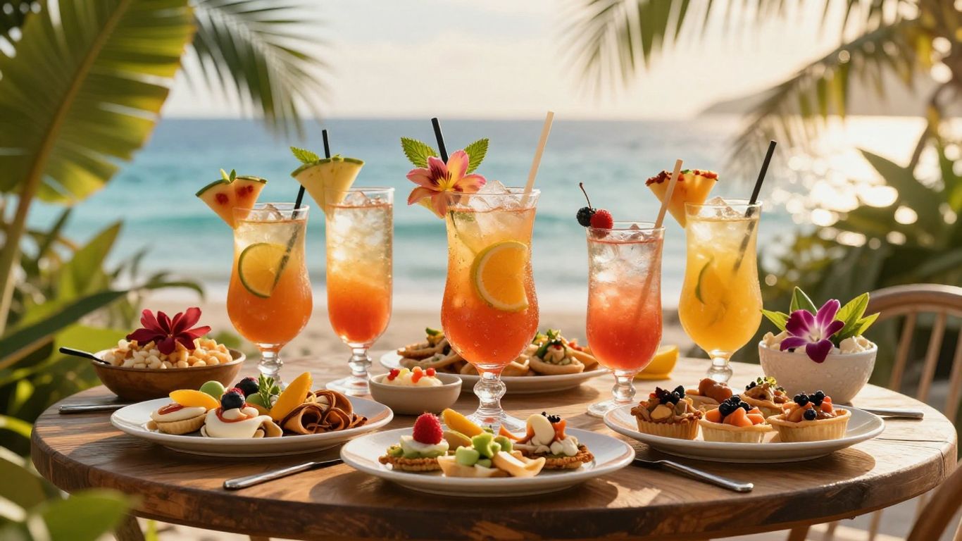 Happy hour drinks and appetizers on a table in Kihei.