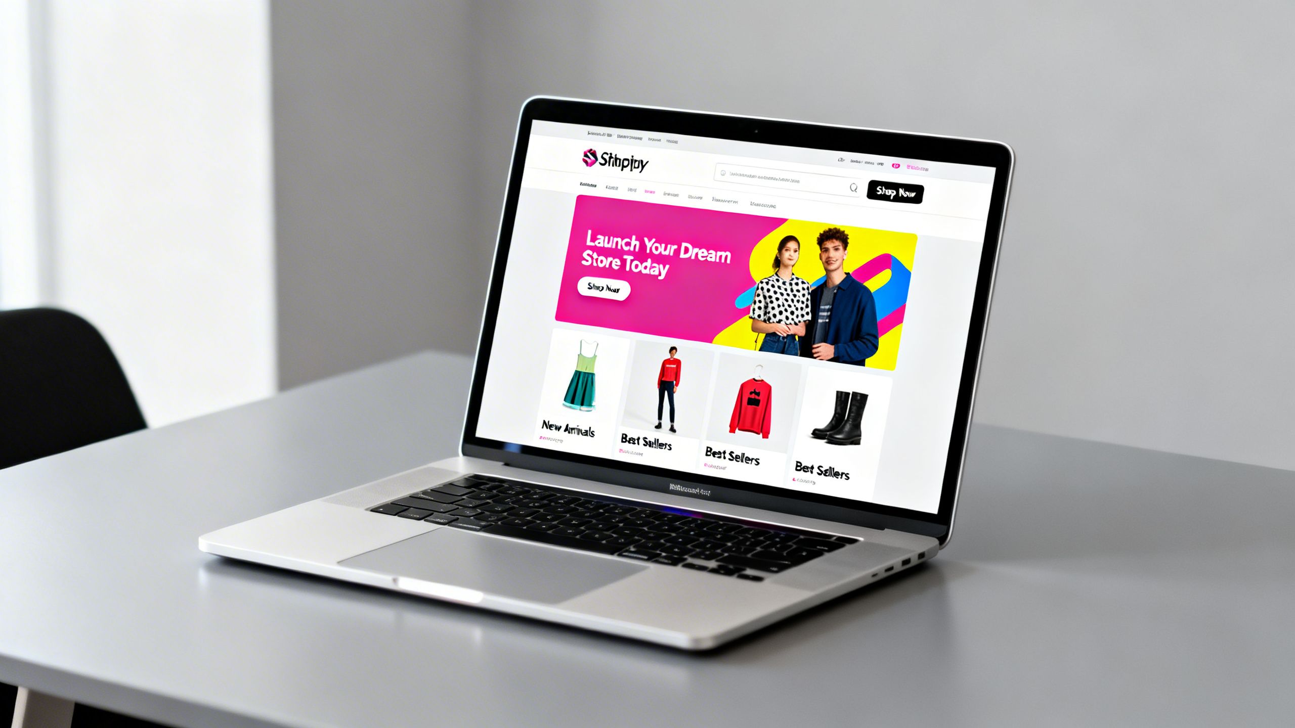 A sleek, modern laptop displaying a vibrant and successful Shopify storefront, symbolizing the platform's potential for rapid launch and success.