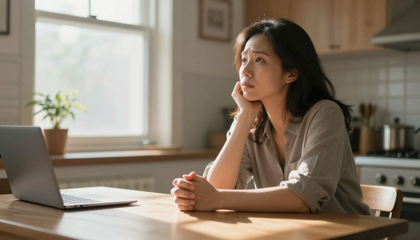 A concerned parent sits at a kitchen table, hands clasped, looking thoughtfully out a window as morning light streams in, suggesting a moment of quiet prayer and reflection.
