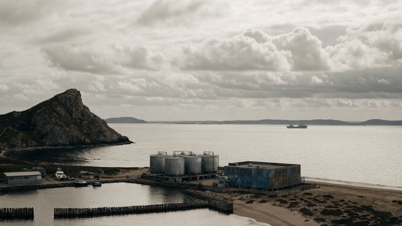 Island harbor with fuel tanks and a coastal power station