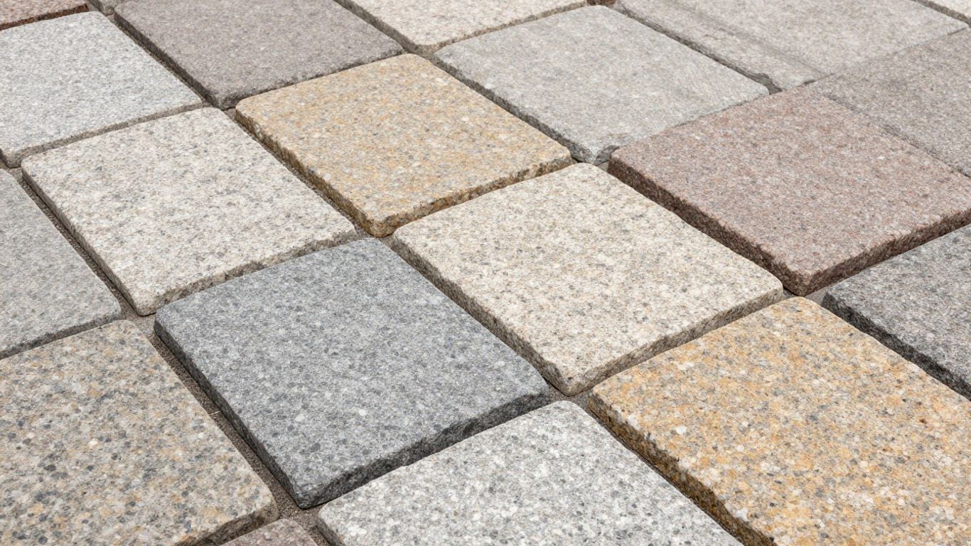 Granite sett paving stones in various sizes and colors.