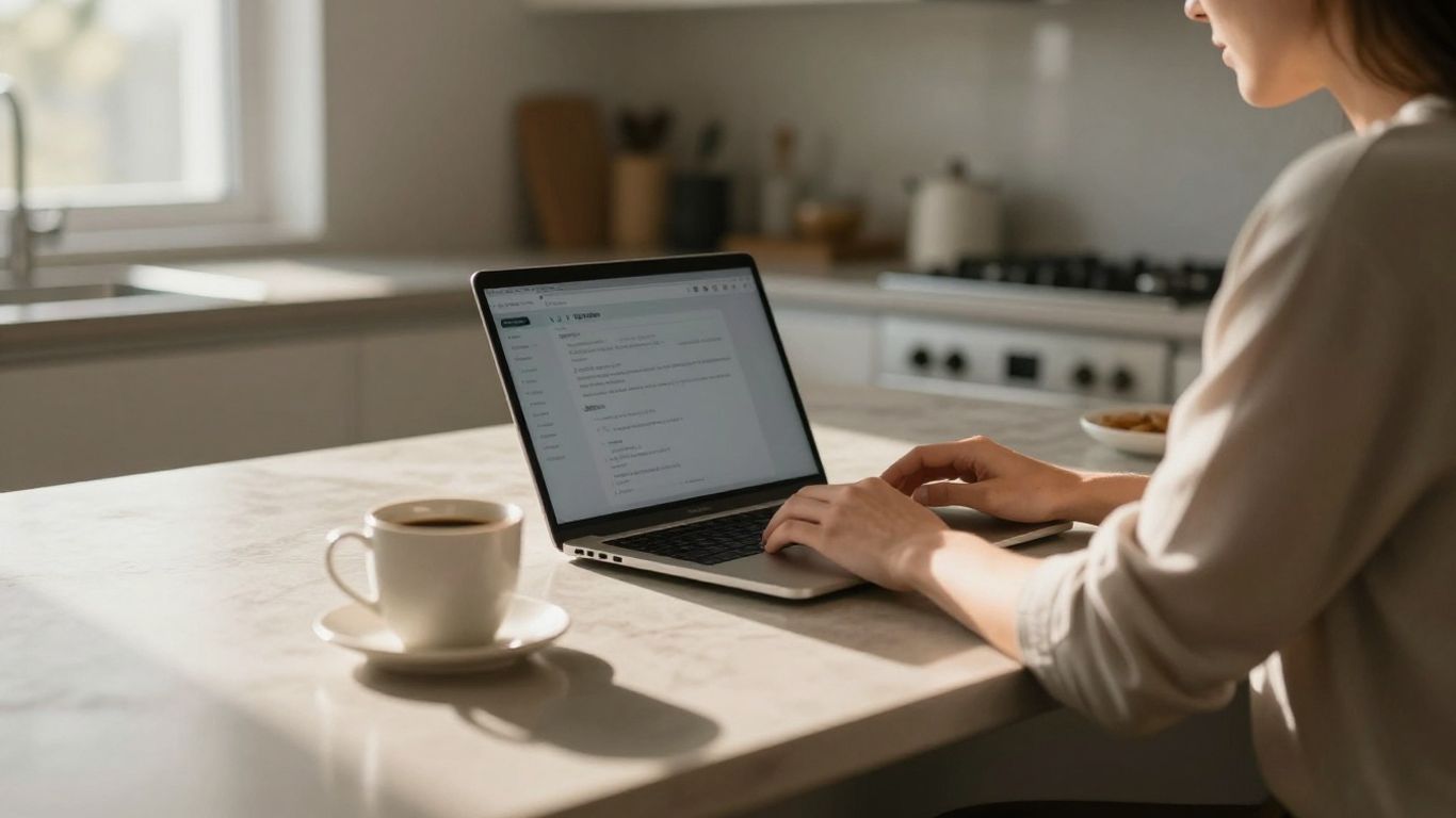 Person at kitchen counter using laptop thoughtfully