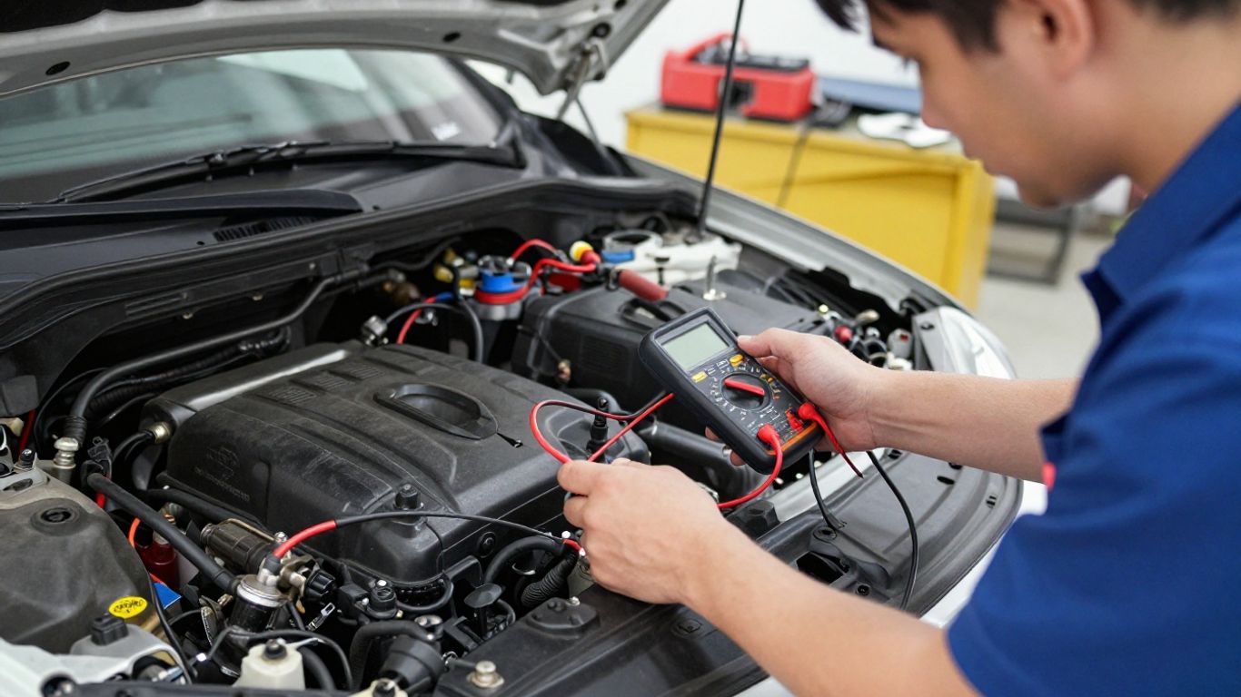 Technician testing vehicle starter circuit