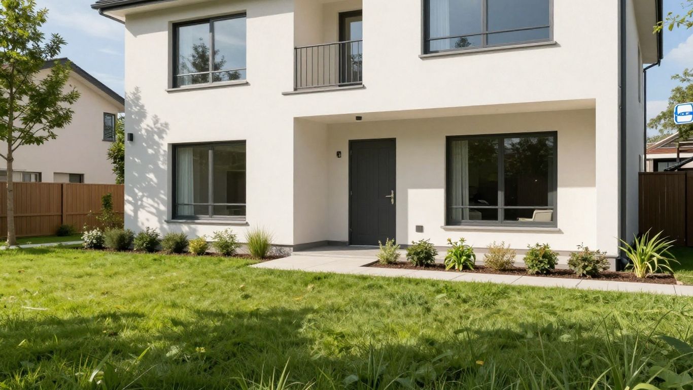 Casa moderna con césped verde y logo de Allianz.