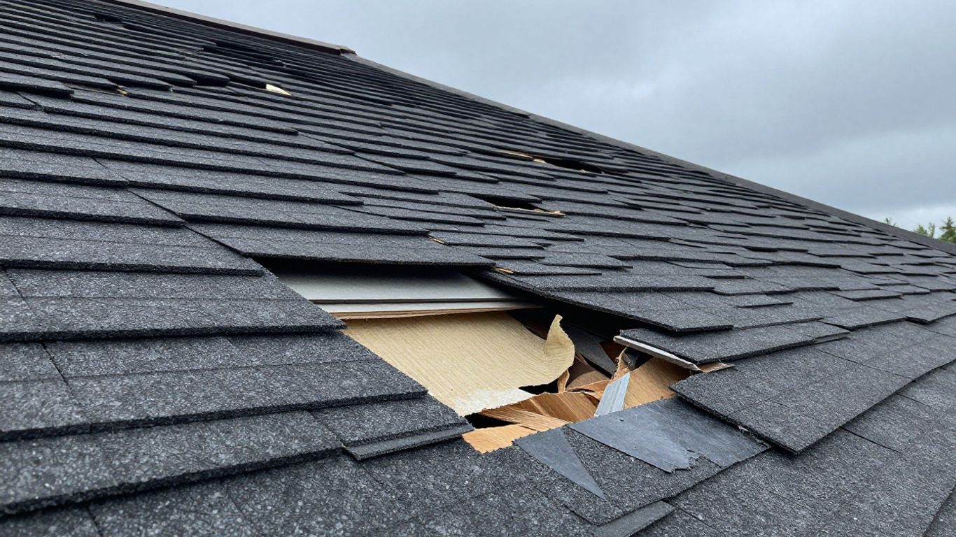 Damaged roof with emergency repairs after a storm.