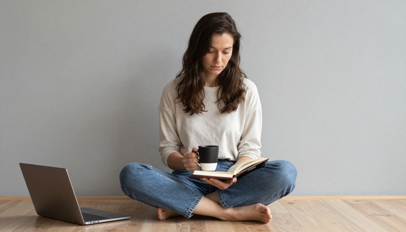 A minimalist, serene image of a woman sitting peacefully with a coffee and a notebook, conveying the theme of intentionality and personal growth.