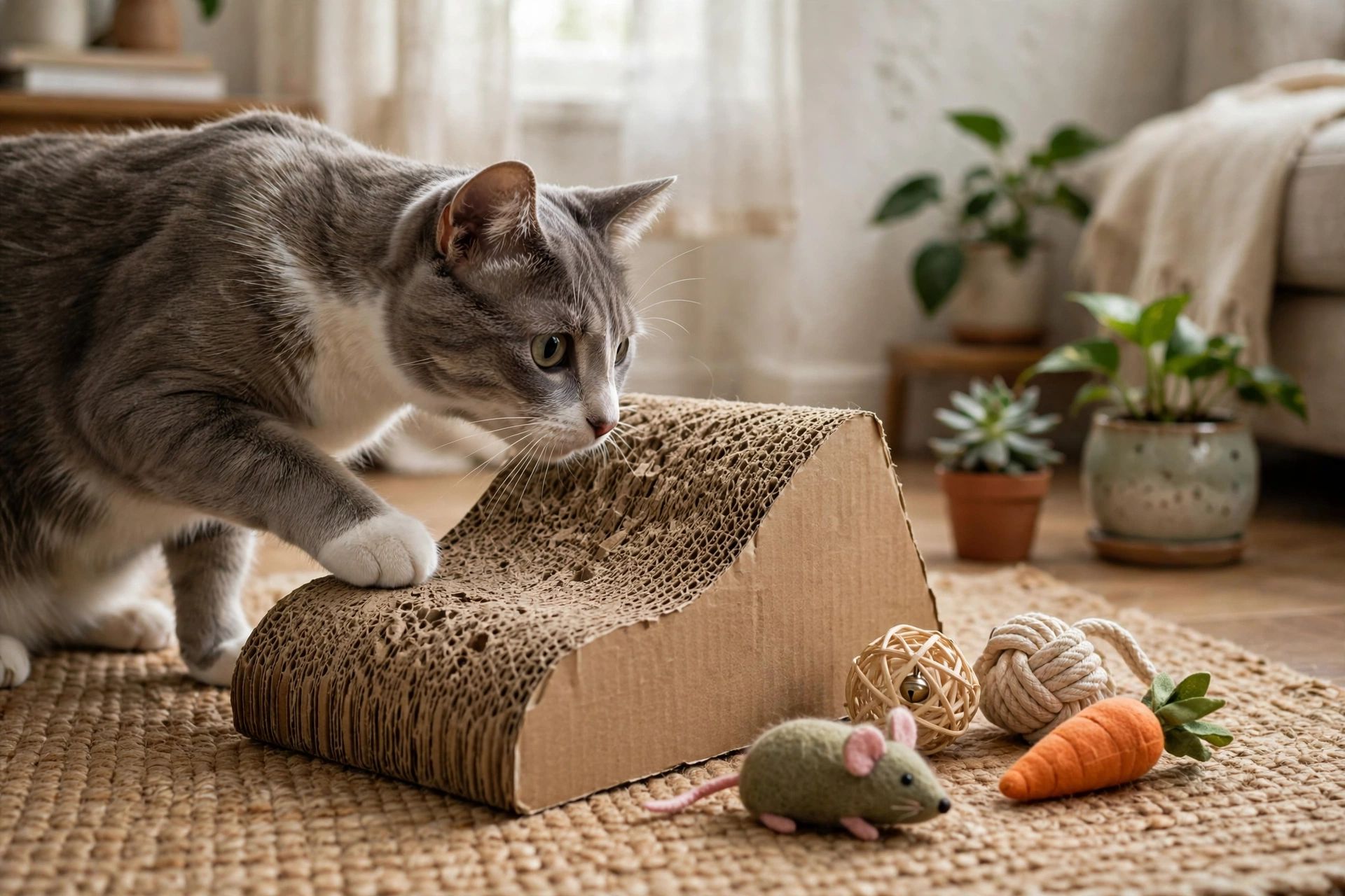 Indoor cat exploring a cardboard scratcher and a small selection of safe toys in a quiet room